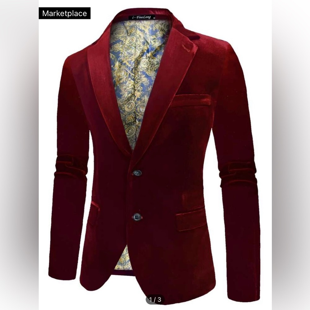 Men’s Large Single Breasted Flap Detail Velvet Blazer, Burgundy